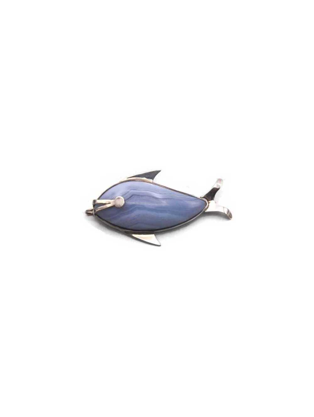 Vintage Sterling Silver and Blue Lace Agate Fish Brooch Pendant.